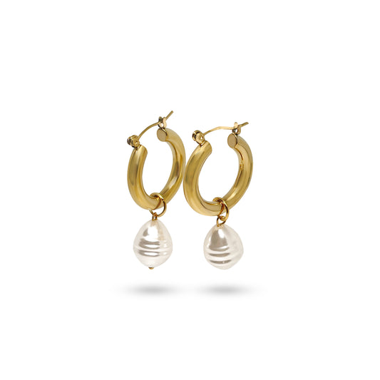 product shot of hanging pearl earrings gold plated