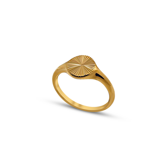 Product shot of starburst ring in plated gold